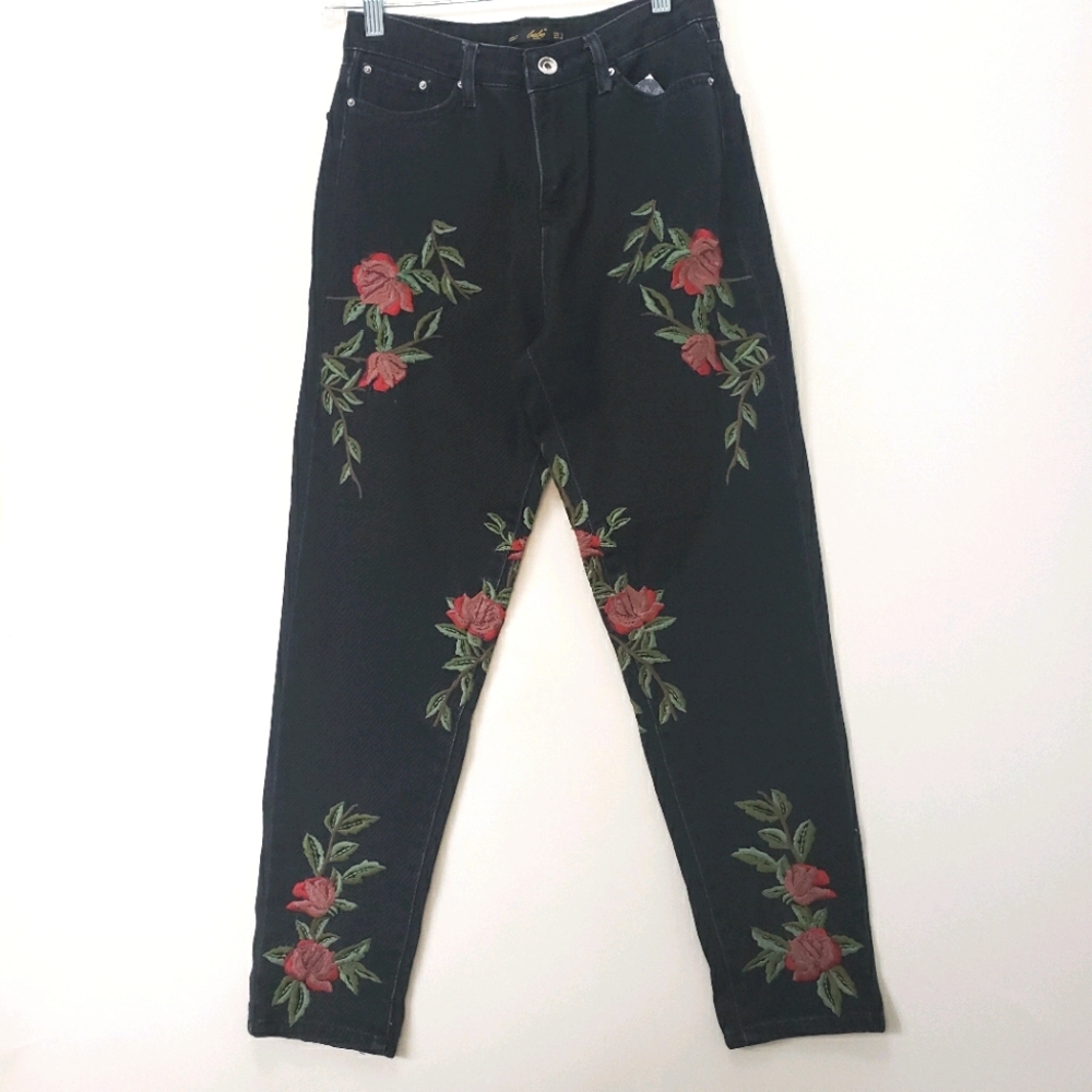 Denim Black Floral Skinny Pants
